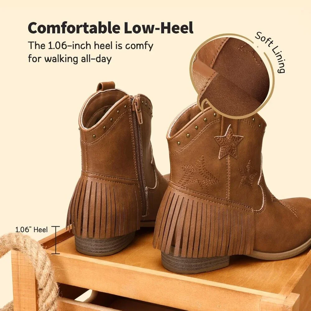 ⚡Girls Camel Cowgirl Ankle Western Boots Side Zipper Riding Shoes With Tassel